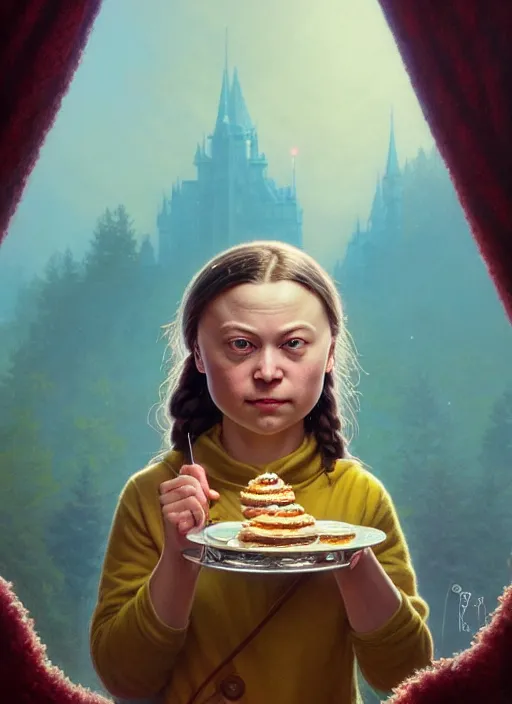 Prompt: highly detailed closeup portrait of greta thunberg eating cakes, stephen bliss, unreal engine, greg rutkowski, ilya kuvshinov, ross draws, tom bagshaw, tom whalen, alphonse mucha, nicoletta ceccoli, mark ryden, earl norem, global illumination, god rays, detailed and intricate environment