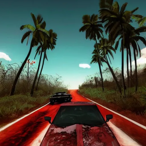 Image similar to far cry car leaking black tar chaotic intensive apocalyptic adrenaline anger oil black tar landscape wasteland miami desert landscape natural disasters sunset palm trees landscape hotline Miami style