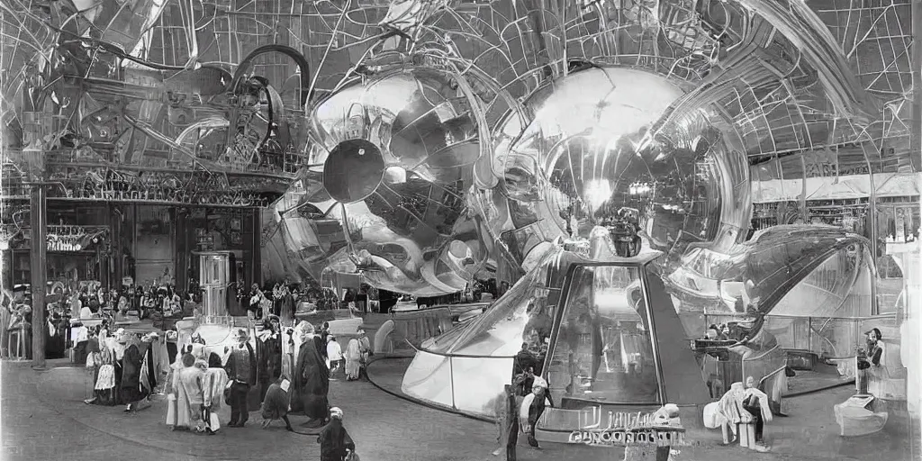 Image similar to futuristic invention display at the worlds fair, 1 9 0 0 s photograph