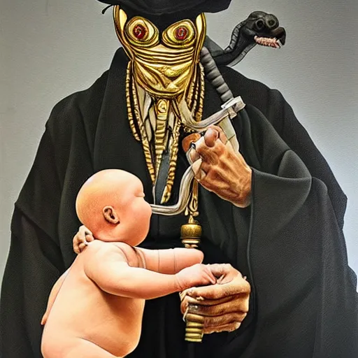 Prompt: hyperrealism oil painting of a handsome man, strong jaw, symmetrical, sitting in a gilded throne, tubes coming out of the man's arm, getting a blood transfusion from a baby. plague doctor in the background. in the style of brutalism mixed with retro japanese book art