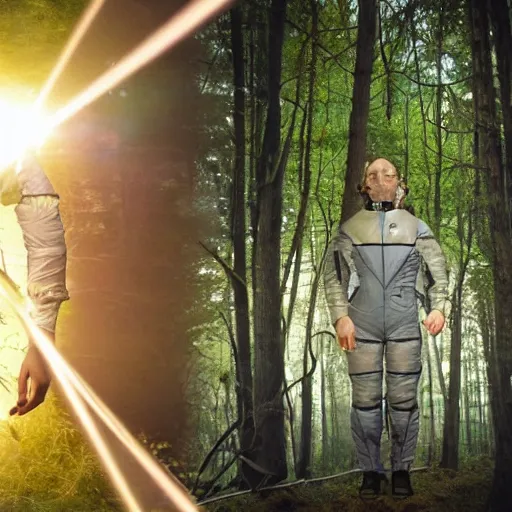 Image similar to spacesuit thom yorke singer songwriter walking in a forest, spacesuit filling up with water, waterline refractions, anamorphic lens flare, beautiful blueish eyes, eyes reflecting into eyes reflecting into infinity, spherical tiny round eye pupils, eyes reflecting into eyes reflecting into infinity, dramatic lighting