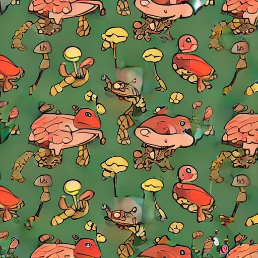 Image similar to repeating pattern of illustrations of cute frogs and mushrooms, woodland autumnal aesthetic, in the style of moebius and studio ghibli