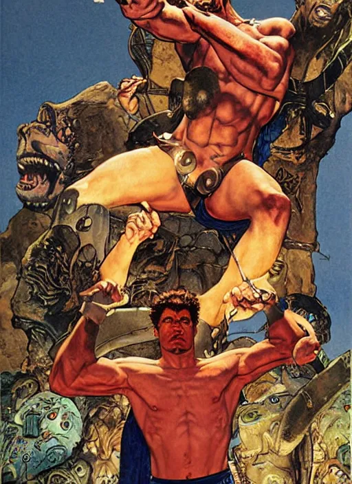 Image similar to huge cyclops in sinbad and the eye of the tiger movie, by norman rockwell and jason fabok and tom lovell and frank schoonover and dean cornwell and jack kirby