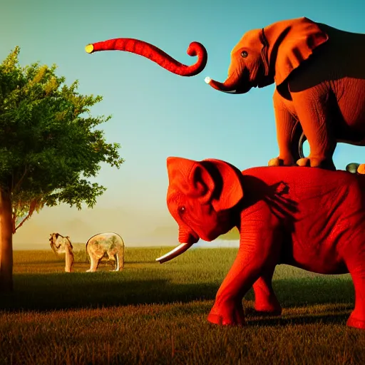 Image similar to a hyperrealistic photograph 3D octane render of a small red cat riding on a huge elephant in the park on a sunny day, trending on artstation, 4K, dramatic lighting, glowing, volumetric lighting, ray tracing, unreal engine