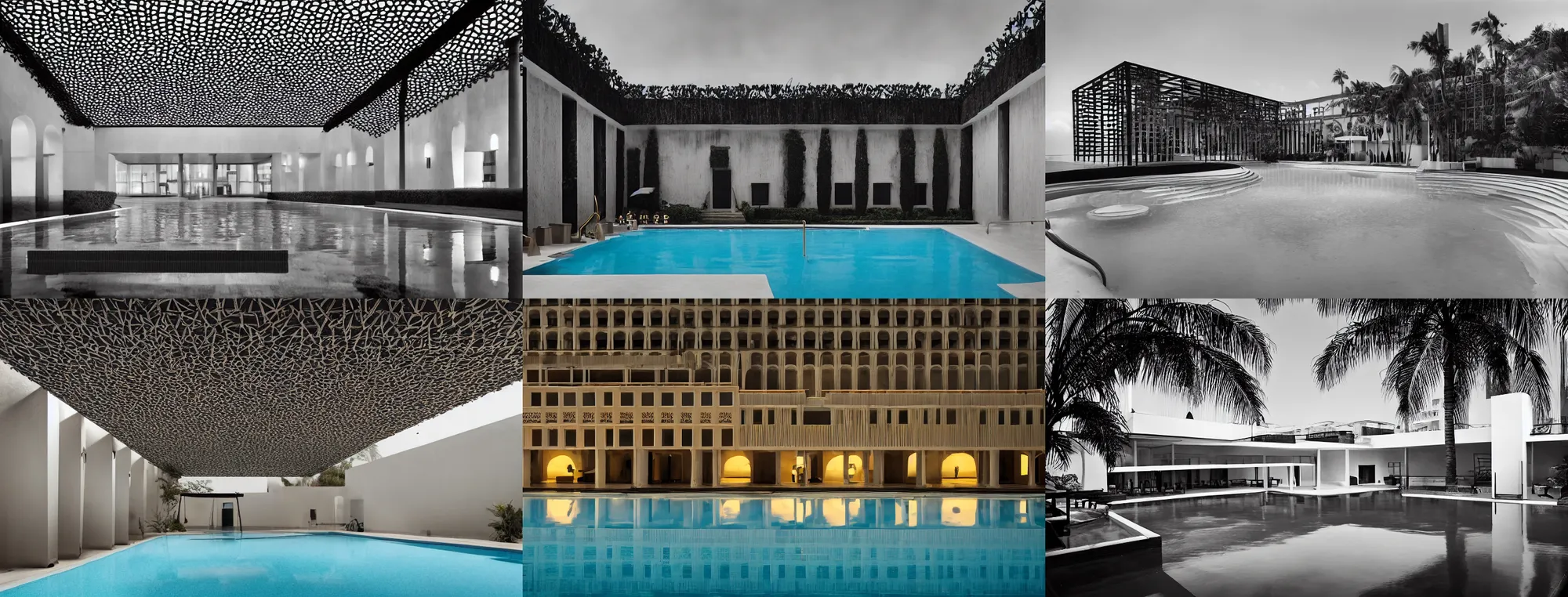 Prompt: symmetrical establishing shot of The unsettling courtyard of a monochrome modernist hotel designed by Luis Barragán, An empty swimming pool in the foreground. Ceiling is highly ornamented gold lace ironwork Single point perspective photographed by Wes Anderson and Andreas Gursky. Cinematic, dramatic lighting, moody, eerie, illustration, uncanny, creepy Sigma 75mm, very detailed, golden hour, Symmetrical, centered, intricate, Dynamic Range, HDR,