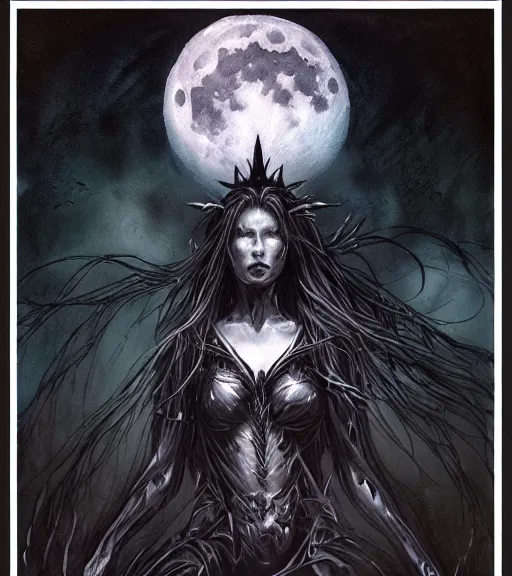 Prompt: book cover art, female dark witch in front of the full big moon, watercolor, dramatic lighting, cinematic, establishing shot, extremely high detail, foto realistic, cinematic lighting, pen and ink, intricate line drawings, by Yoshitaka Amano, Ruan Jia, Kentaro Miura, Artgerm, post processed, concept art, artstation, matte painting, style by eddie mendoza, raphael lacoste, alex ross