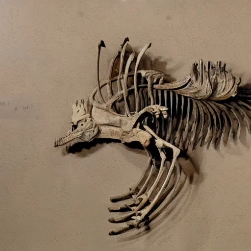 Image similar to a fossilized griffin skeleton, museum photo