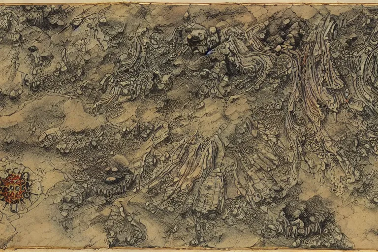 Prompt: intricate detailed ancient map of the regions of hell and the dimensions of the damned, technical cartography with annotations and notes in the margins, beksinski mohrbacher mullins rocha