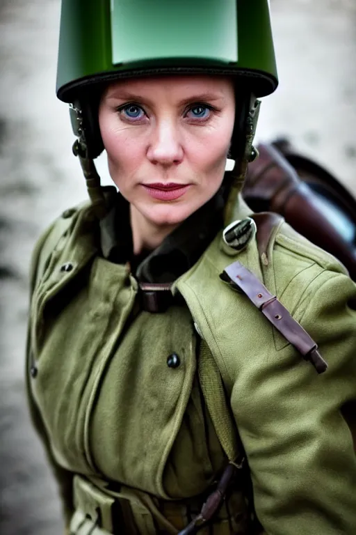 Image similar to 5 0 mm f 8 full body portrait photography of a retro future wwii airborne infantry soldier riding a futuristic motorcycle who's a mix of claire danes and liv ullmann with green eyes and very long striped hair, wearing an aaf wwii leather flying helmet and goggles, with green eyes, smirking, setting is wwii trenches, by jovana rikalo