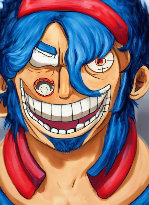 Prompt: a portrait of Franky from one piece as a real man, wearing a traditional sumo dress, very muscular, blue hair, handsome chad chin, glowing red laser eye, intricate, highly detailed, digital painting, artstation, concept art, smooth, sharp focus, illustration, art by Gustave Baumann, matte painting