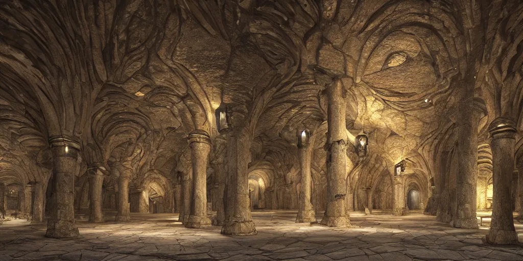 Image similar to The Great Hall of Moria underground city by John Howe, gigantic pillars, sconces, intricate details, intricate stone carvings, Tolkien, unreal engine, octane render, trending on cgsociety, trending on artstation, epic, grandiose, awe inspiring, dwarven architecture, inlaid with gold