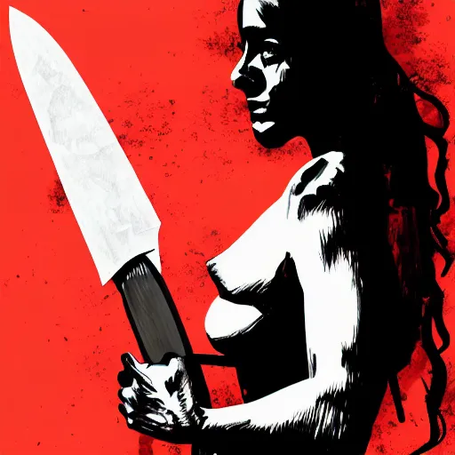 Prompt: A digital illustration of a woman holding a machete, by Frank Miller, trending on ArtStation,