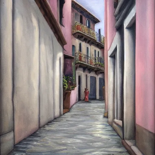 Image similar to our lost honeymoon by clara memette. painting inspired by italian streets. dim romanticism