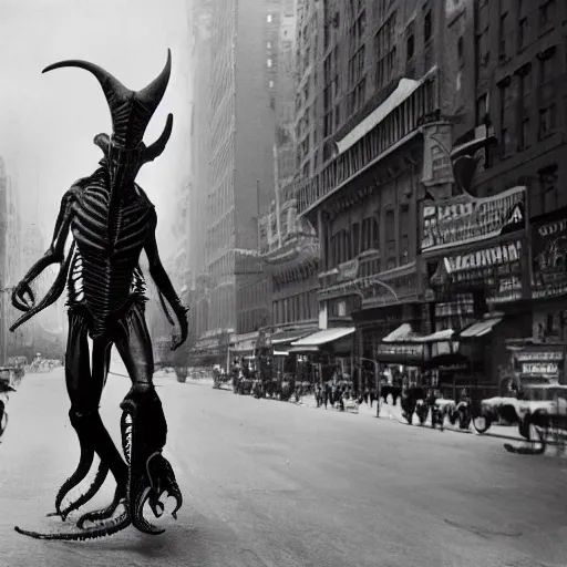 Image similar to old black and white photo, 1 9 1 3, depicting a xenomorph from the movie aliens rampaging through the bustling streets of new york city, historical record