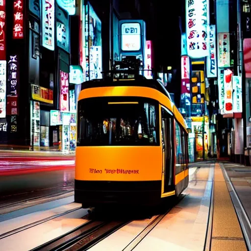 Image similar to a tram ride in tokyo at night, hyper realistic, very detailed, cinematic