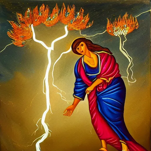 Prompt: An emotional painting of a woman wearing a greek clothing getting electrocuted, bolt of lightning, storm flower garden