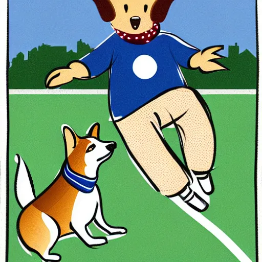 Image similar to illustration of french boy in paris playing football against a corgi, the corgi is wearing a polka dot scarf