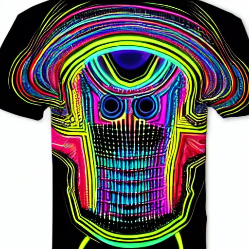 Image similar to photo of a black tshirt with a hyperdetailed trippy futuristic robot head, 8 k, symetrical, flourescent colors, multicolored tshirt art,