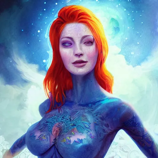 Prompt: portrait of a beautiful tattooed redhead woman sitting, carrying a laser gun, a planet in the background. blue tight dress, light iridescent hair color, long windy hair style, fantasy, realistic, intricate, sharp focus, lens flare, bloom, rim light, illustration, highly detailed, digital painting, concept art, matte, art by ruan jia