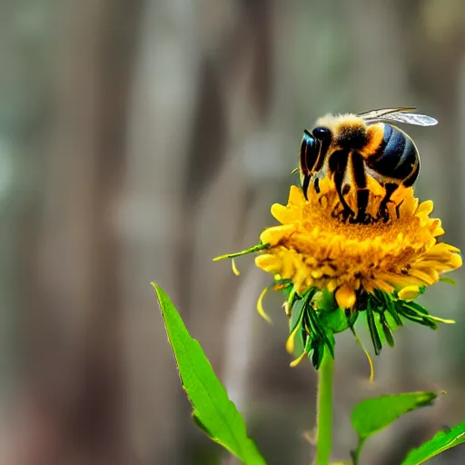 Image similar to a bee landing on a burning flower, the forest is on fire, there is fire everywhere, beautiful macro photography, perfect focus, nice composition