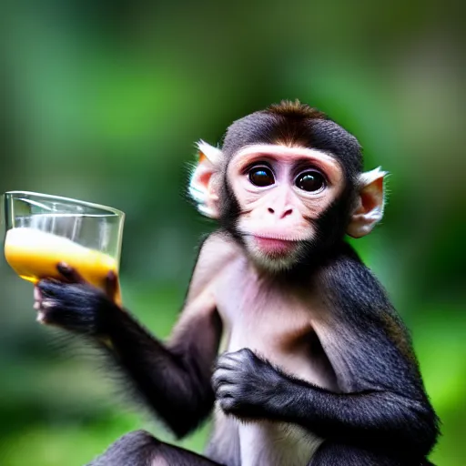 Image similar to cute baby monkey drinking juice, 4k, realistic photo