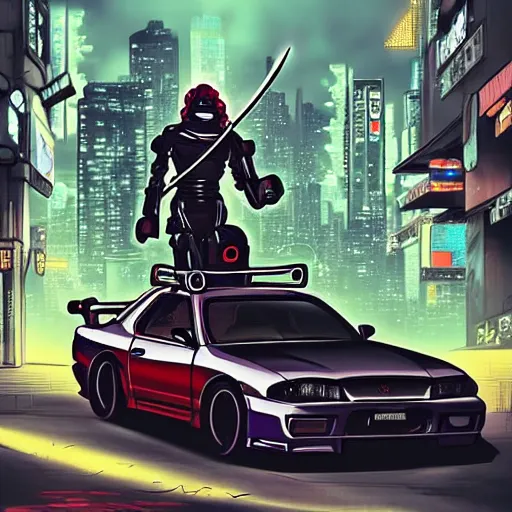 Prompt: beautiful hyper-detailed artwork of a robot ninja warrior with a sword, driving through the city, in a modified Nissan skyline r34, cyberpunk, lo-fi