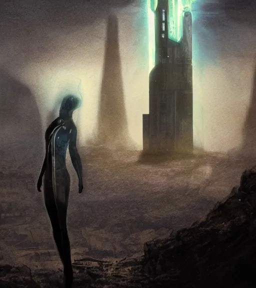 Image similar to ethereal picture of tarkovsky greatest scene, aura of the ancient destroyed majestic tower of babylon, a woman in futuristic cyber clothing, transparent puffer jacket, hyperealistic, blockchain, cyber world, ambient lighting, concept art, intricate, hyper detailed, smooth, dynamic volumetric lighting, ocatane, ray trace, cinematic, high quality, cgsociety