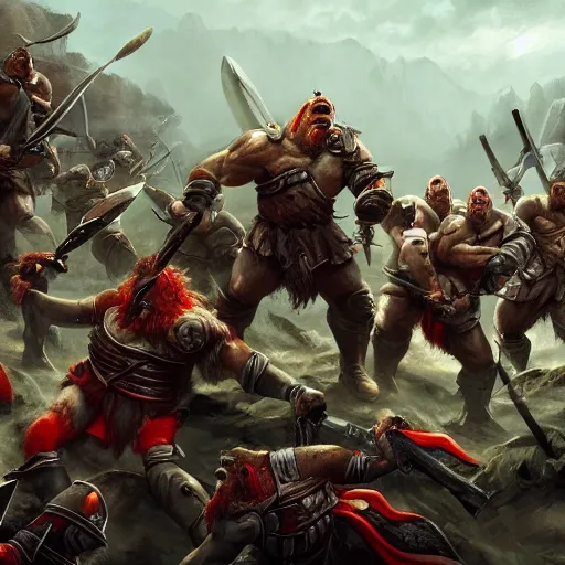 Image similar to three hundred spartans fighting in a war against orcs, artstation.