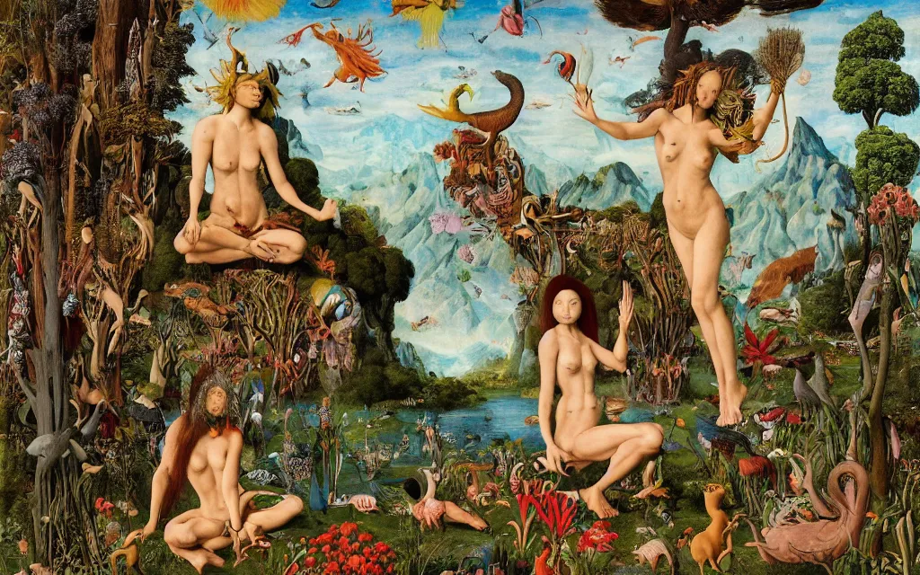 Image similar to a photograph of a meditating centaur shaman and a harpy mermaid feeding animals. surrounded by bulbous flowers, a few trees and wild animals. river delta with mountains and cliffs under a blue sky full of burning stars and birds. painted by jan van eyck, max ernst, ernst haeckel, ernst fuchs and artgerm. trending on artstation