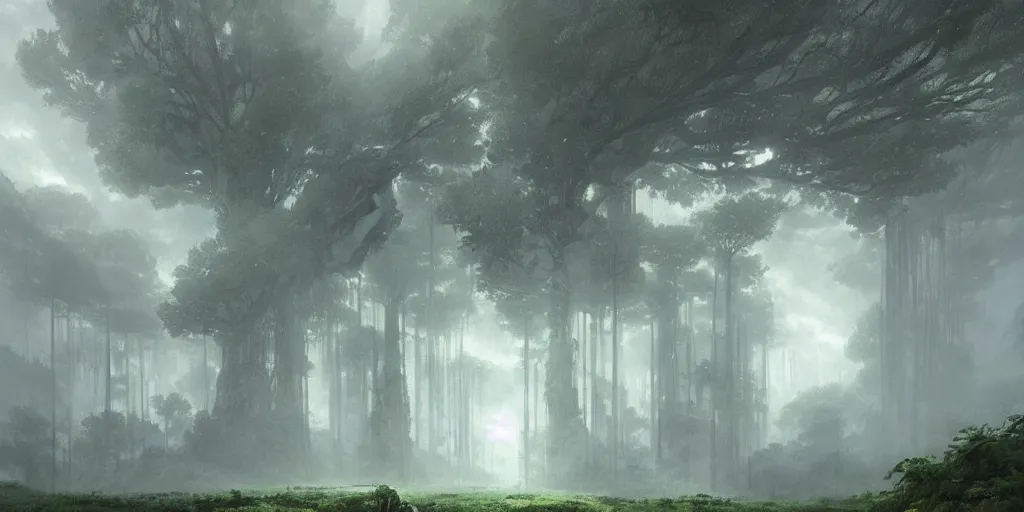 Image similar to An colossus towers above a forest canopy, stormy sky, lightning, digital art by Greg Rutkowski and Studio Ghibli, Shadow of the Colossus