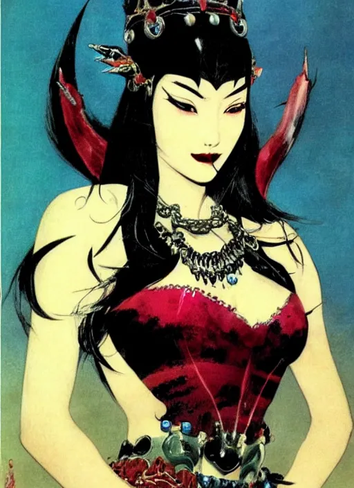 Image similar to mighty female korean vampiress, jeweled headdress, heavy mascara, strong line, saturated color, beautiful! coherent! by frank frazetta, high contrast, minimalism