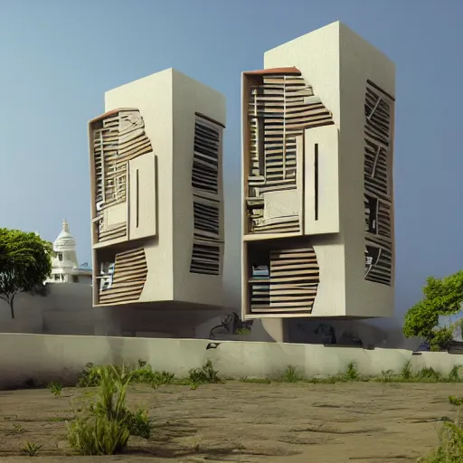 Image similar to low - cost housing designed by architect b v doshi ; contemporary indian stunning architectural photography from magazine ; wide angle view 1 4 mm lens f 2 2 ; evermotion archexterior, v - ray + unreal engine + real life natural photo + daz studio iray + highly detailed 8 k textures + hdr lighting, ray traced, v - ray, vue render, artstation