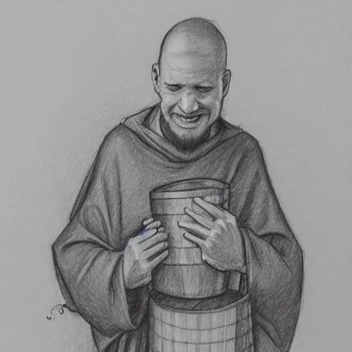 Prompt: pencil sketch of a pleased monk sipping mead next to a barrel