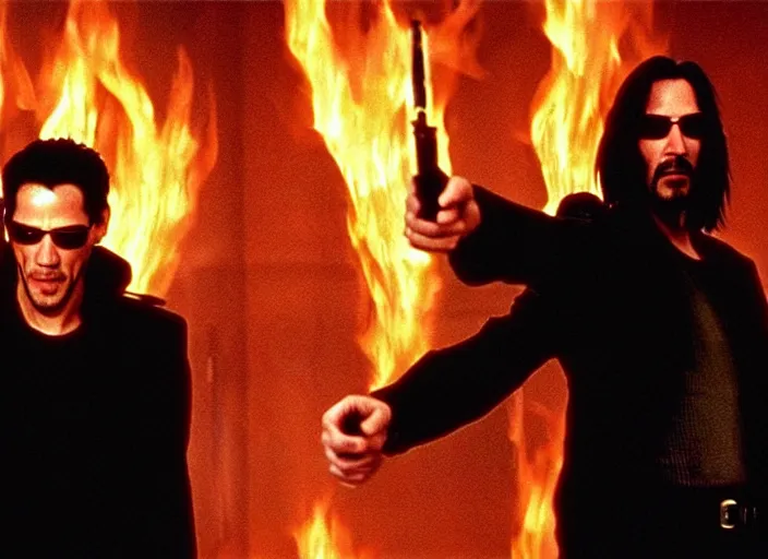 Image similar to Movie still of Keanu Reeves as Neo in The Matrix movie doing a thumb up to the camera in front on burning servers, servers in flames in the background, doing a thumb up, The Matrix servers on fire, uncropped, full body, crispy, symmetrical face, ultra detailed, cinematic, thumb up, double thumb up to the camera