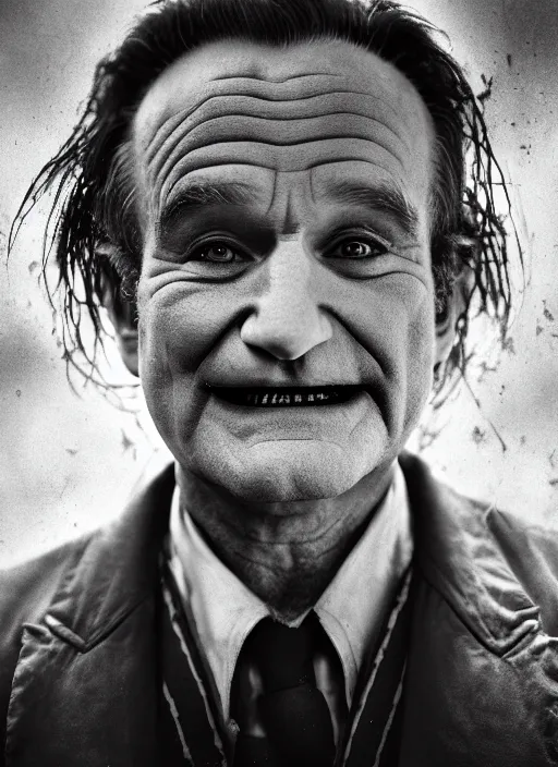 Prompt: photo of evil Robin Williams as the Joker by Lee Jeffries, head shot, detailed, award winning, Sony a7R, trending on artstation