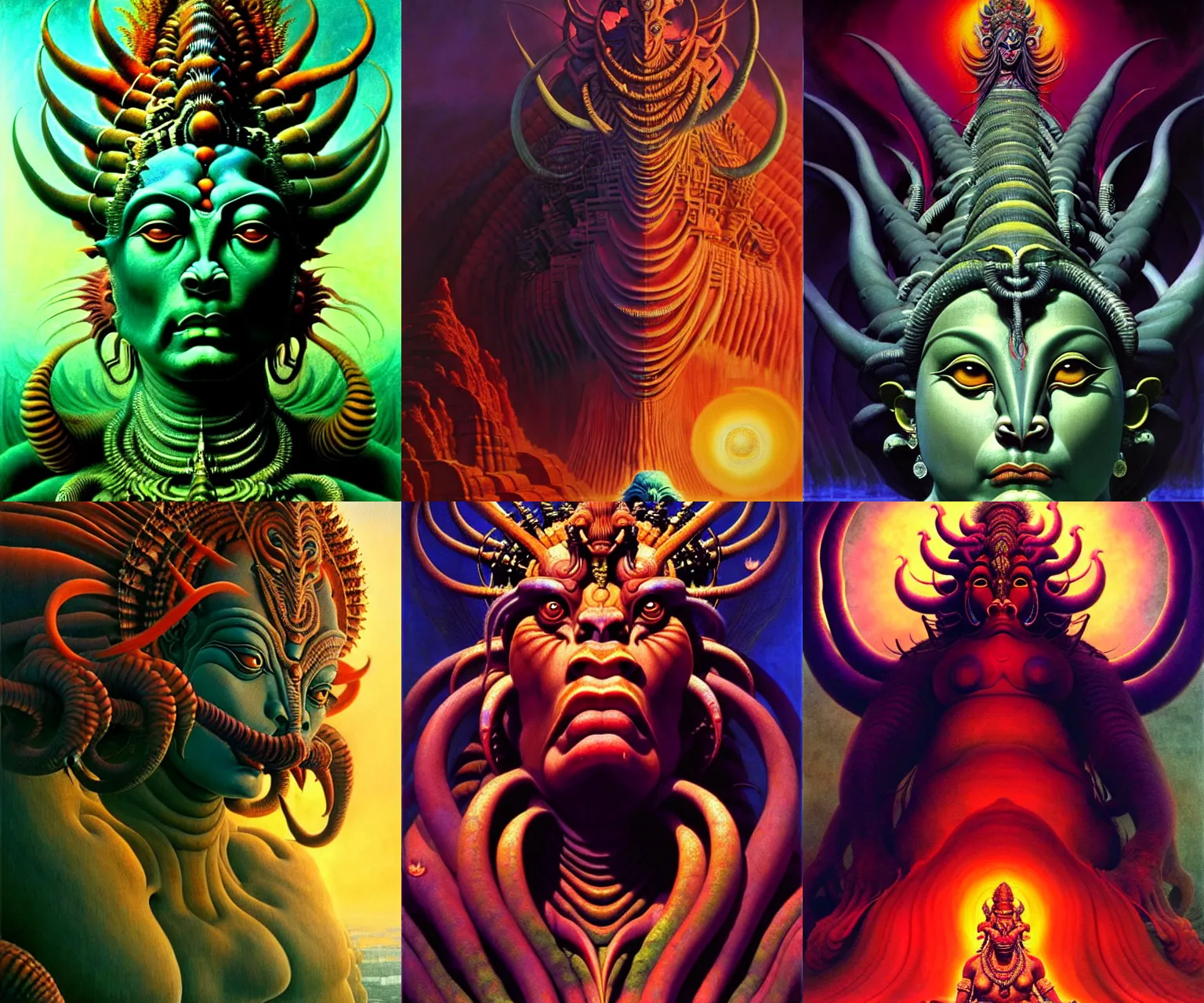 Prompt: A beautiful cinematic closeup portrait of the colossal Hindu demon goddess, by Wayne Barlowe, by Sandro Botticelli, by Paul Lehr, by Bruce Pennington, oil on canvas, masterpiece, trending on artstation, featured on pixiv, cinematic composition, beautiful lighting, sharp, details, details, hyper-detailed, no frames, cyan and green, 8K