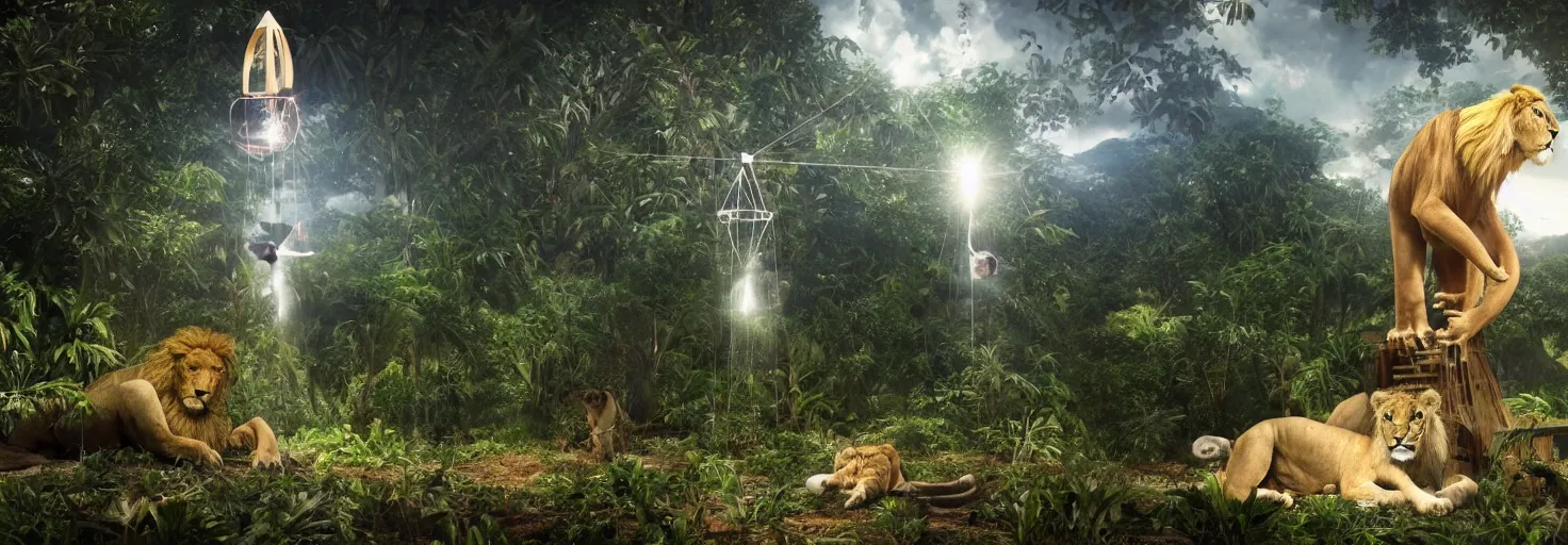 Prompt: a kinetic picture of a giant newton\'s cradle, pendulum, in the jungle, towering over a lion and a lizard, 8k, 4k, trending on artstation, surrealism, expressionist painting, unreal engine
