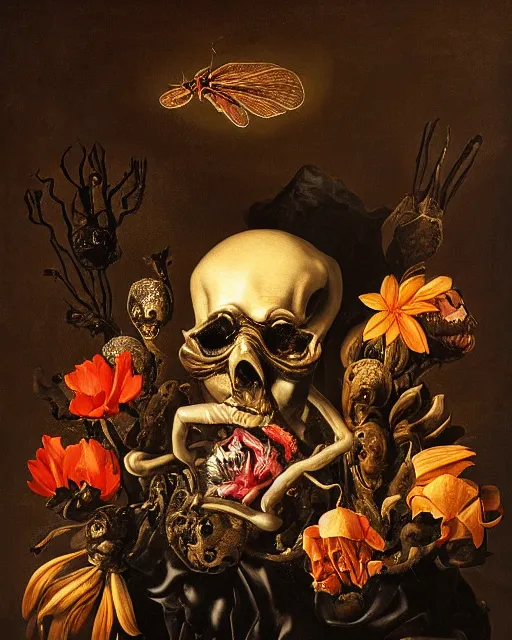 Image similar to refined gorgeous blended oil painting with black background by christian rex van minnen rachel ruysch dali todd schorr of a chiaroscuro portrait of an extremely bizarre disturbing mutated man made of still life flowers and rubber insects with shiny skin acne dutch golden age vanitas intense chiaroscuro cast shadows obscuring features dramatic lighting perfect symmetry perfect composition masterpiece