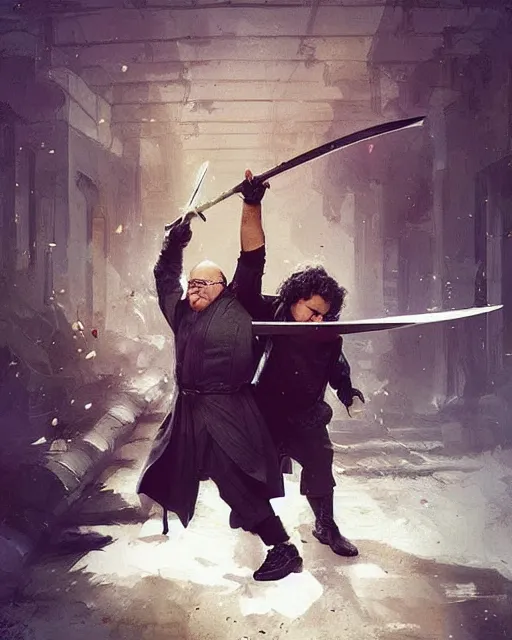 Image similar to “ george costanza and danny devito having a swordfight, very epic, digital art, greg rutkowski ”