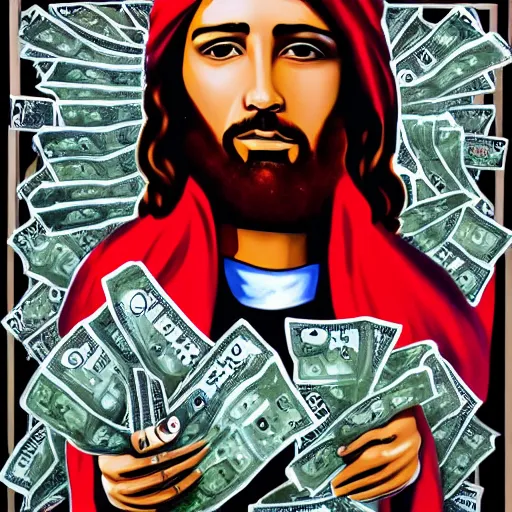 Image similar to painting of Jesus in the style of Alec monopoly, raining money