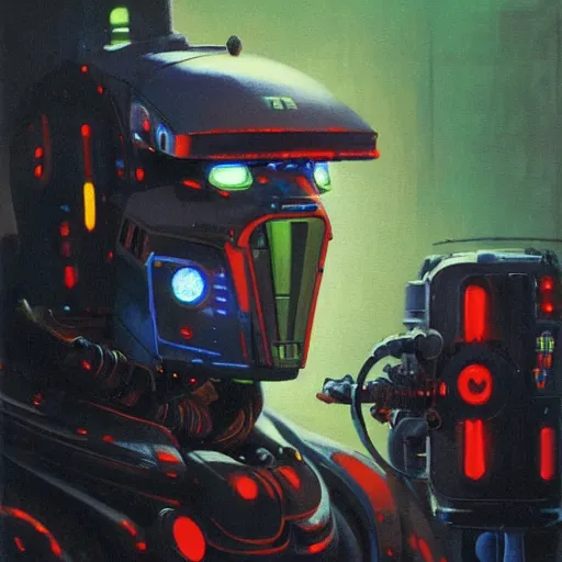 Image similar to a dark and colorful close - up side profile portrait of a sci - fi mecha robot with led lights glowing fog in the background. highly detailed science fiction painting by norman rockwell, frank frazetta, and syd mead. rich colors, high contrast, gloomy atmosphere, dark background. trending on artstation