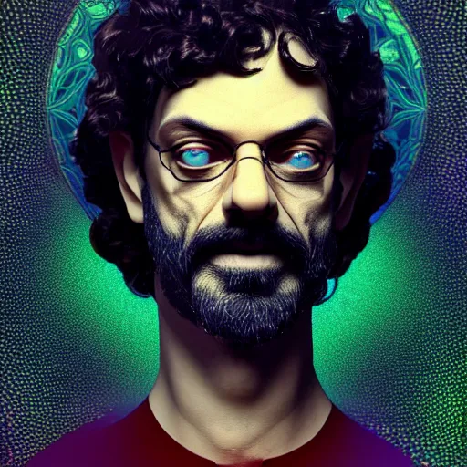 Prompt: terence McKenna posing seductively with psychedelic mushrooms, psychedelic, fractal, Claymorphism, cinematic lighting, dramatic, octane render, full body, trending on artstation, perfect facial symmetry, bokeh, 8k, intricate, hyper detailed