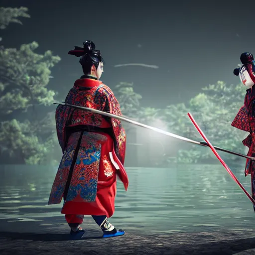 Image similar to A Japanese samurai with a Japanese geisha. 8K 3D acrylic art colourful CryEngine beautiful artwork digital illustration DSLR HDR glowing neon maximalist polished pixiv Unreal Engine vast clear photo filigree designs , by SiChen Wang