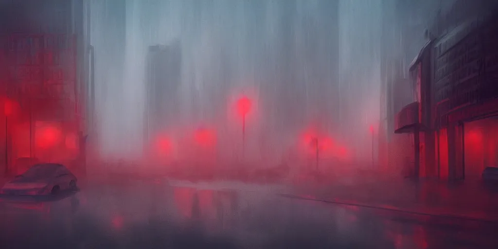 Prompt: city in fog, a bit of red light, mood, concept art