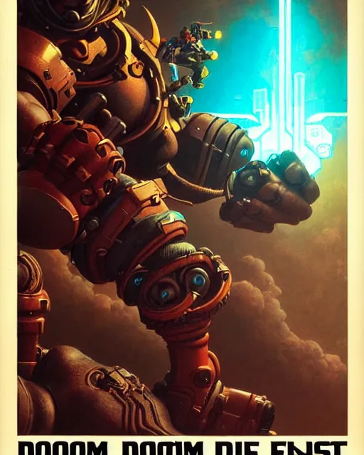 Image similar to doomfist from overwatch, character portrait, portrait, close up, concept art, intricate details, highly detailed, vintage sci - fi poster, retro future, vintage sci - fi art, in the style of chris foss, rodger dean, moebius, michael whelan, and gustave dore