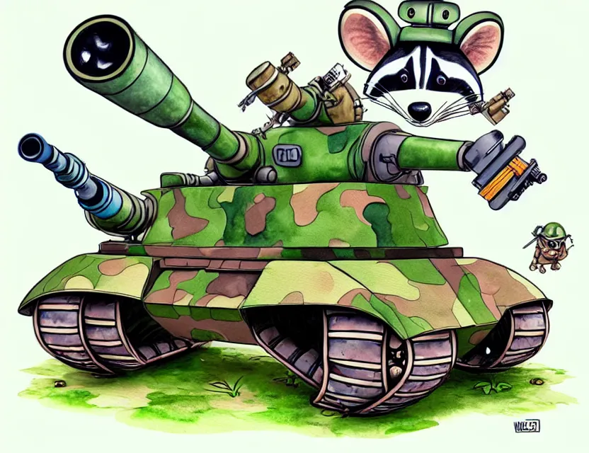 Image similar to cute and funny, racoon wearing army helmet riding in a tiny tank with large cannon, ratfink style by ed roth, centered award winning watercolor pen illustration, isometric illustration by chihiro iwasaki, edited by range murata