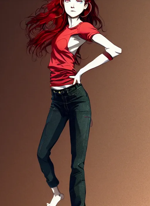 Image similar to full-body shot of an attractive tomboy girl with long, crimson red hair and red eyes, wearing a brown, open jacket and green jeans with a stern look, martial arts pose, concept art, character design, by WLOP, by Ross Draws, by Tomine, by Satoshi Kon, by Rolf Armstrong