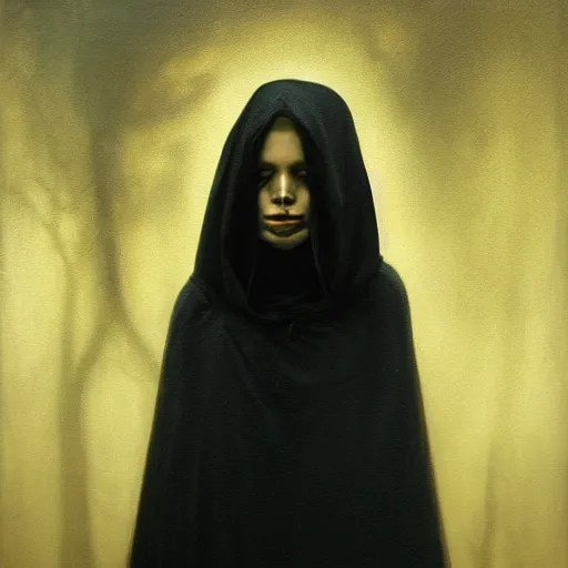 Image similar to a portrait of a young woman wearing a long dark cloak, hood and shadows covering face, anatomically correct, beautiful perfect face, enigmatic, oil painting, matte painting, black background, Volumetric Golden dappled dynamic lighting, Highly Detailed, Cinematic Lighting, Unreal Engine, 8k, HD, by Beksinski