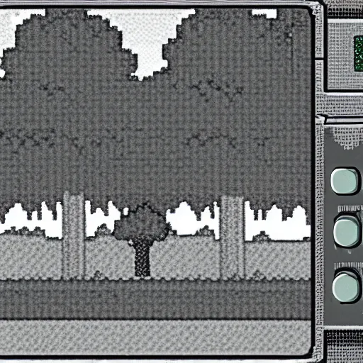 Image similar to gameboy camera dmg gbc photo of a peaceful day at the park. low res 8 - bit chunky monochrome black and green photography.
