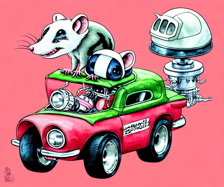 Prompt: cute and funny, opossum wearing a helmet riding in a tiny hot rod with oversized engine, ratfink style by ed roth, centered award winning watercolor pen illustration, isometric illustration by chihiro iwasaki, edited by range murata, tiny details by artgerm and watercolor girl, symmetrically isometrically centered, focused